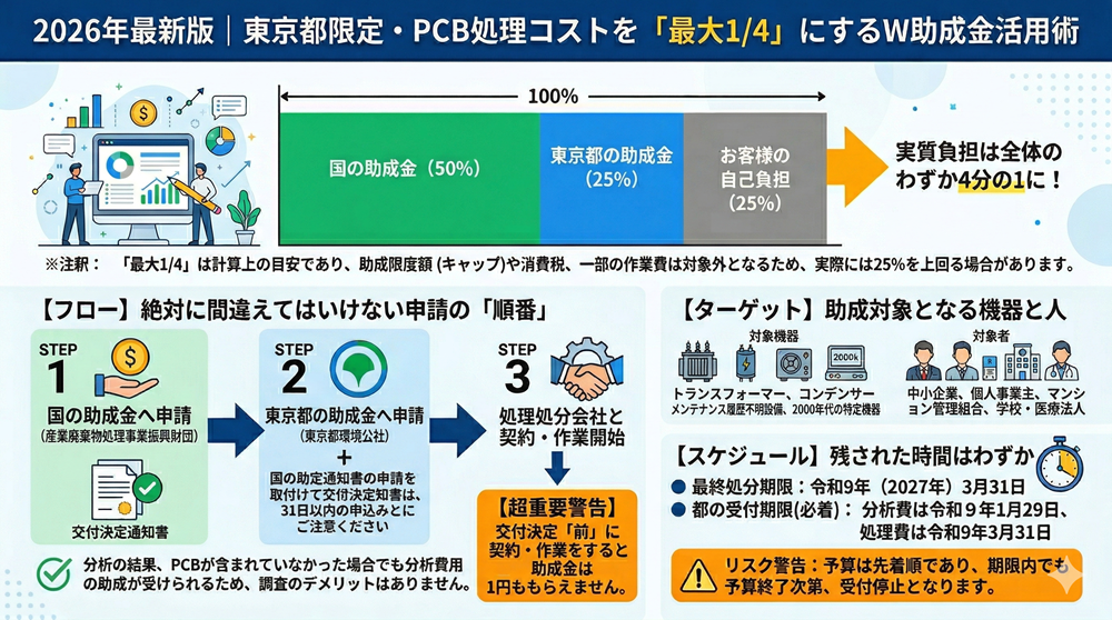 助成金活用のの手順は、1.国の申請、2.都の申請、3.業者との3ステップであることを示す図